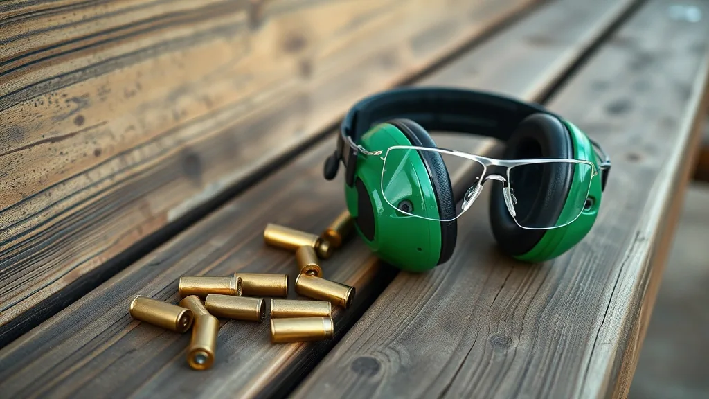 Green ear defenders and clear safety glasses left on a weathered shooting bench with spent brass beside them.