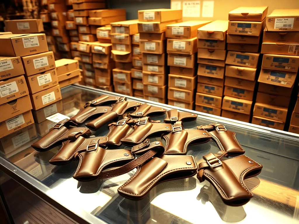 Leather belt holsters laid out along a glass display counter with stacked boxes on the shelving behind.