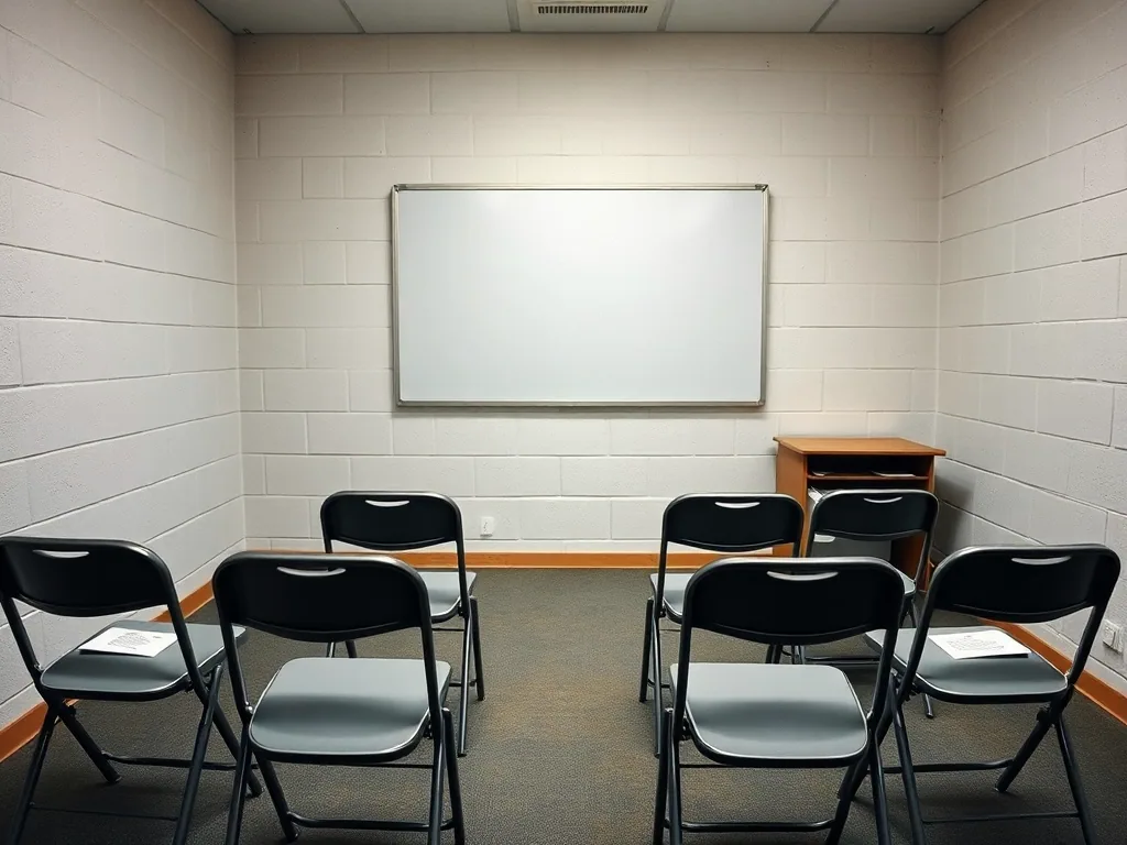 Folding chairs in two rows facing a blank whiteboard, a paper handout on each seat, the room empty before a class.