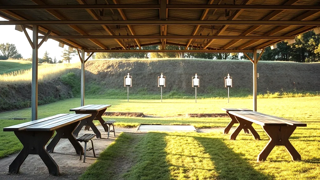 A covered range with wooden benches looking out at target stands on mown grass in front of an earth berm.